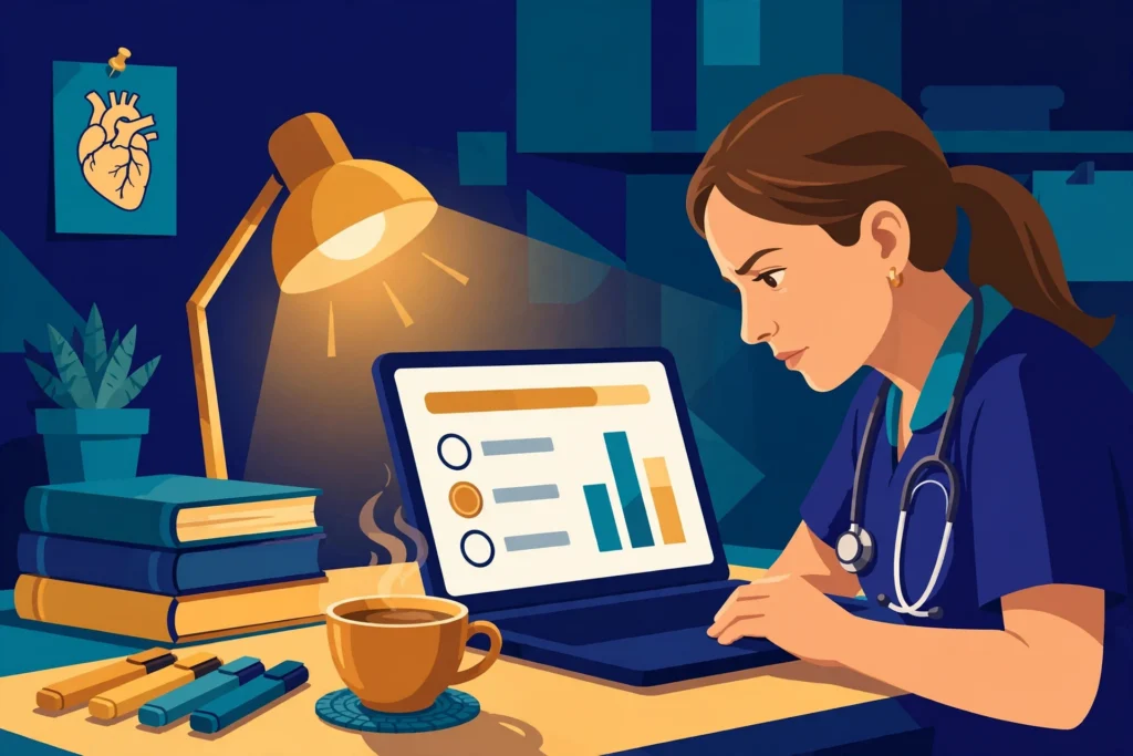 Illustration of nursing school study materials